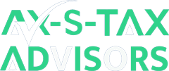 Logo for "AX-S-TAX ADVISORS" with stylized green and white text and a check mark integrated into the "X" in "AX".